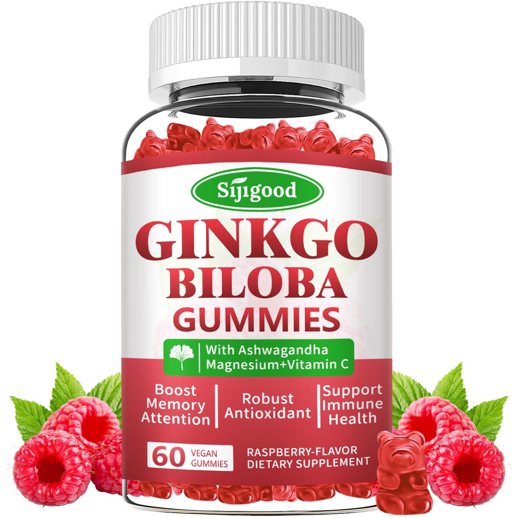 Ginkgo Biloba Gummies med Panax Ginseng og Magnesium, Ginkgo Biloba Kosttilskud til fokus, hukommelse og hjerne sundhed for voksne & børn, Vegansk Raspberry Flavor Gummies, 60 Greve