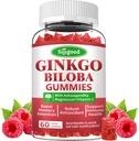 Ginkgo Biloba Gummies med Panax Ginseng og Magnesium, Ginkgo Biloba Kosttilskud til fokus, hukommelse og hjerne sundhed for voksne & børn, Vegansk Raspberry Flavor Gummies, 60 Greve