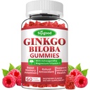 Ginkgo Biloba Gummies med Panax Ginseng og Magnesium, Ginkgo Biloba Kosttilskud til fokus, hukommelse og hjerne sundhed for voksne & børn, Vegansk Raspberry Flavor Gummies, 60 Greve