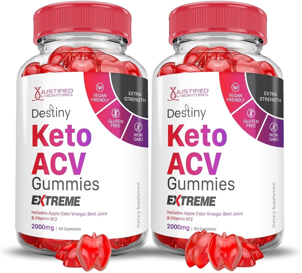 Justified Laboratories (2 Pack Destiny Keto ACV Gummies Extreme 2000MG Destiny Keto Gummies Advanced Formel Apple Cider Vinagar med Pomegranate Beet Juice Powder B12 Vegan Non GMO 120 Gummys