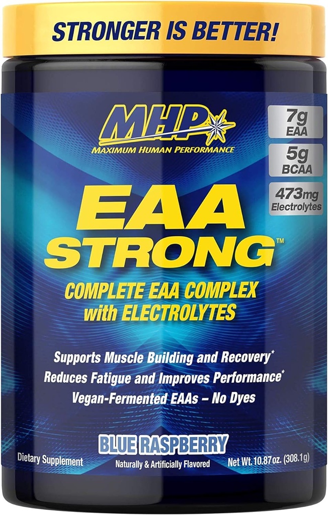 Maksimal Human Performance Mhp Eaa Stærk, Aminosyretilskud, Alle 9 essentielle Aminosyrer, Bcaas, Elektrolyter, Blå Hindbær, 1.2 Pound