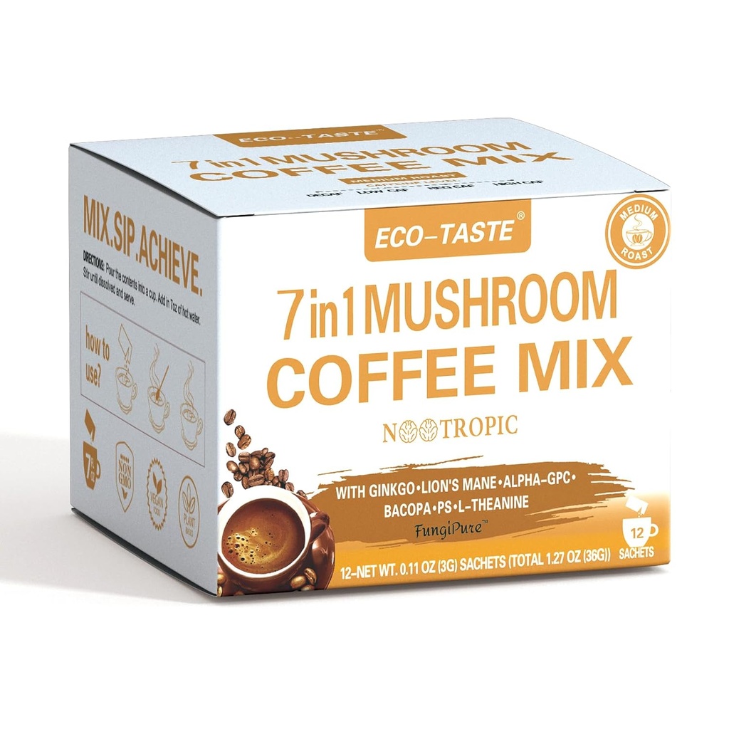 Mushroom kaffe mix 7 i 1, med Ginkgo, Lions Mane, Alpha- GPC, Bacopa, PS, L- Theanine - 12 sachets