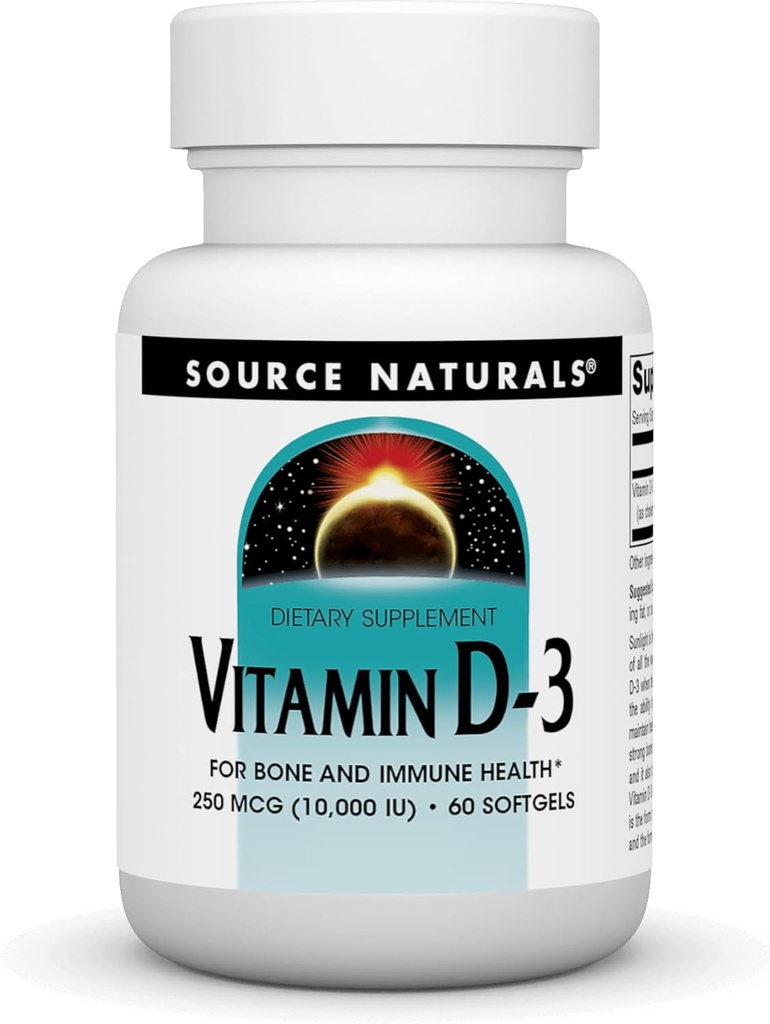 Source Naturals Vitamin D-3, Understøtter Bone & immunforsvar *, 250 mcg (10. 000 IE) - 60 Softgels