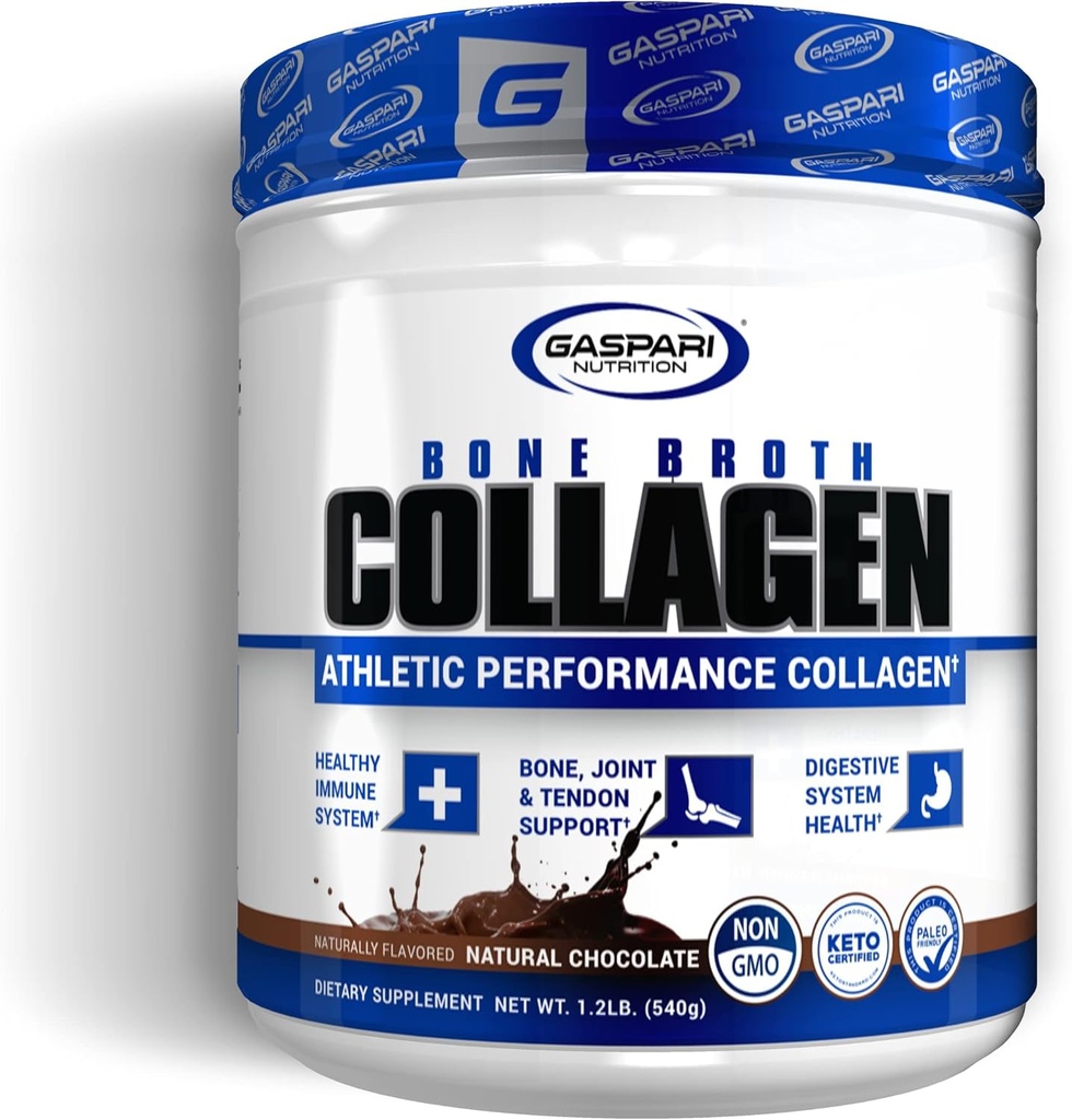 Gaspari Nutrition Bone Broth, Athletic Performance Collagen, 13g Protein, Gluten Free, Non- GMO, Keto Certified, Gut og fælles sundhed (30 Servere, Natural Chocolate)