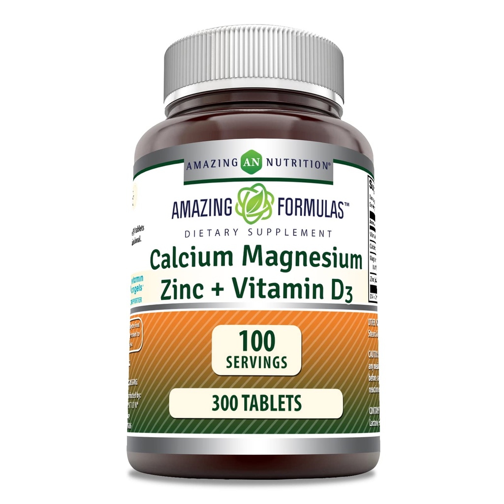 Amazing Formulas Calcium Magnesium Zink D3 - 300 tabletter per flaske supplement (Calcium 1000mg - Magnesium 400mg - Zink 25mg Plus D3 600 IE - Per Servering af 3 tabletter)