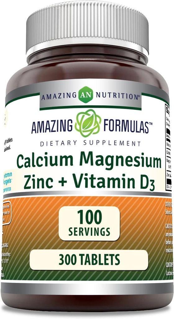 Amazing Formulas Calcium Magnesium Zink D3 - 300 tabletter per flaske supplement (Calcium 1000mg - Magnesium 400mg - Zink 25mg Plus D3 600 IE - Per Servering af 3 tabletter)