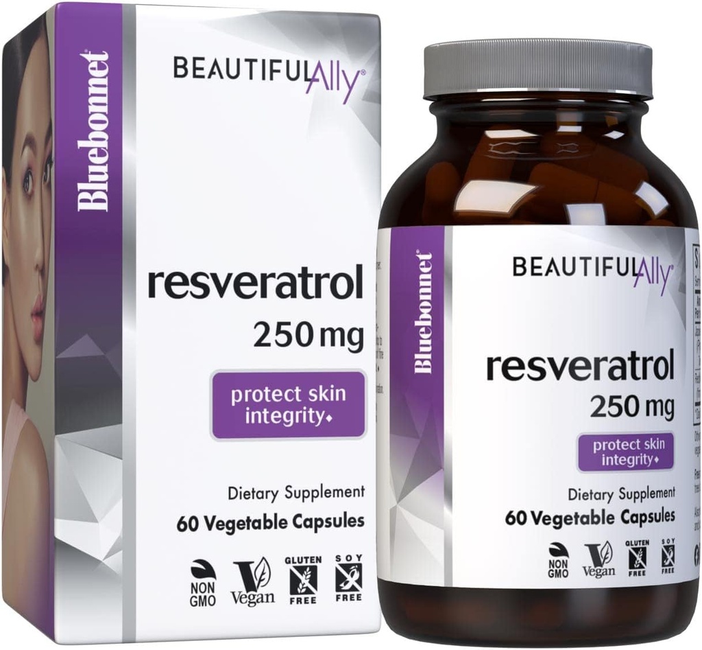Bluebonnet Nutrition Smuk Ally Resveratrol 250mg, Bedste for hud, Antioxidant, Skønhed Nutrient, Vegan, Vegetar, Ikke GMO, Gluten Free, Soy Free, 60 Vegetabilske kapsler, 60 Servering