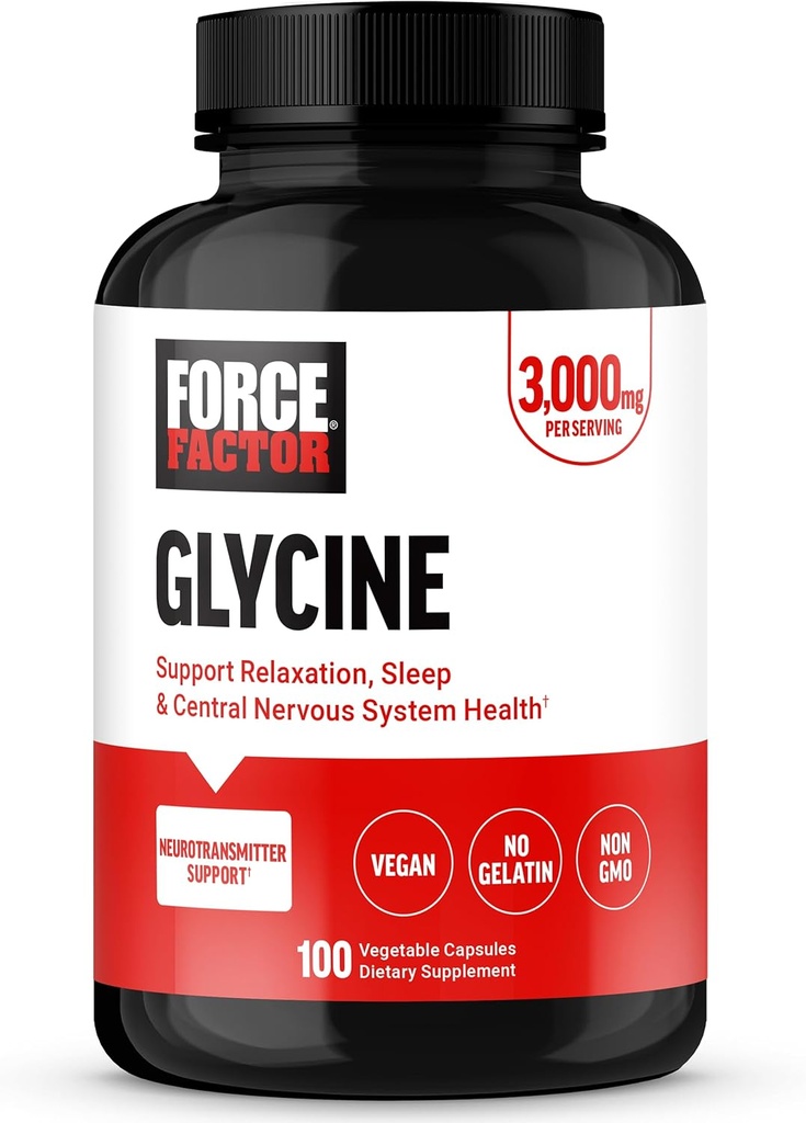 FORCE FACTOR Glycin til at fremme afslapning og rolig søvn, Support Kognitiv funktion, Mood Balance, og nerve sundhed, 100 vegetabilske kapsler