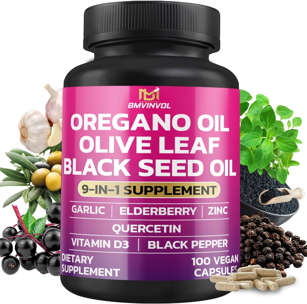 BMVINVOL Oregano Garlic Olive Leaf Black Seed + 5 More - Immune Support & Digestive Health Supplement for Women and Men - 100 Capsules