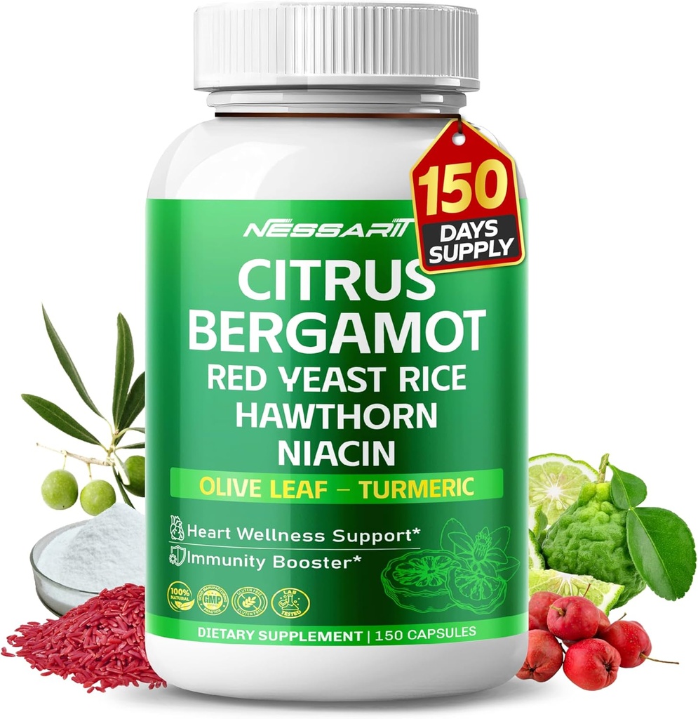 Citrus Bergamot Supplement - 15-in-1 Natural Blend med Red Yeast Rice Hawthorn Olive Leaf Odorless Hvidløg gurkemeje Ginger Fenugreek - 150 Greve - Made & Testet i USA