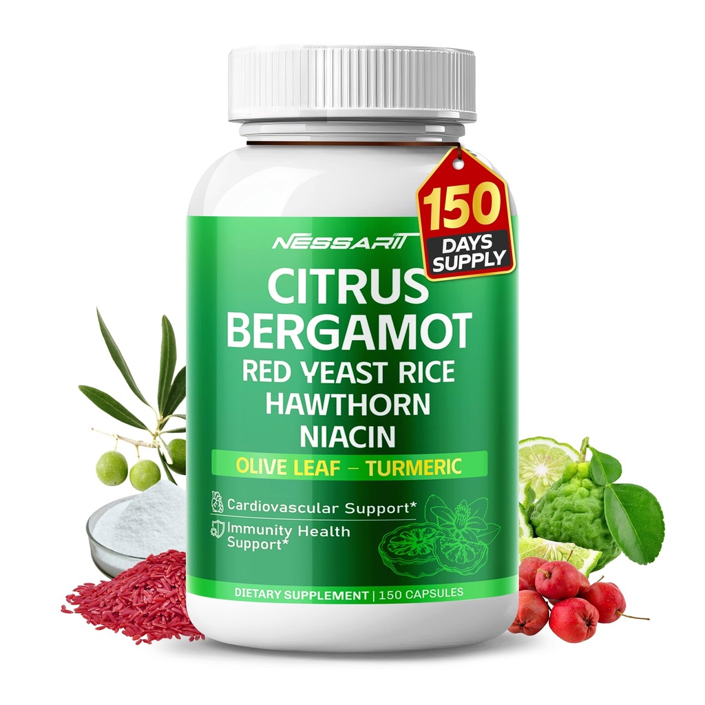 Citrus Bergamot Supplement - 15-in-1 Natural Blend med Red Yeast Rice Hawthorn Olive Leaf Odorless Hvidløg gurkemeje Ginger Fenugreek - 150 Greve - Made & Testet i USA