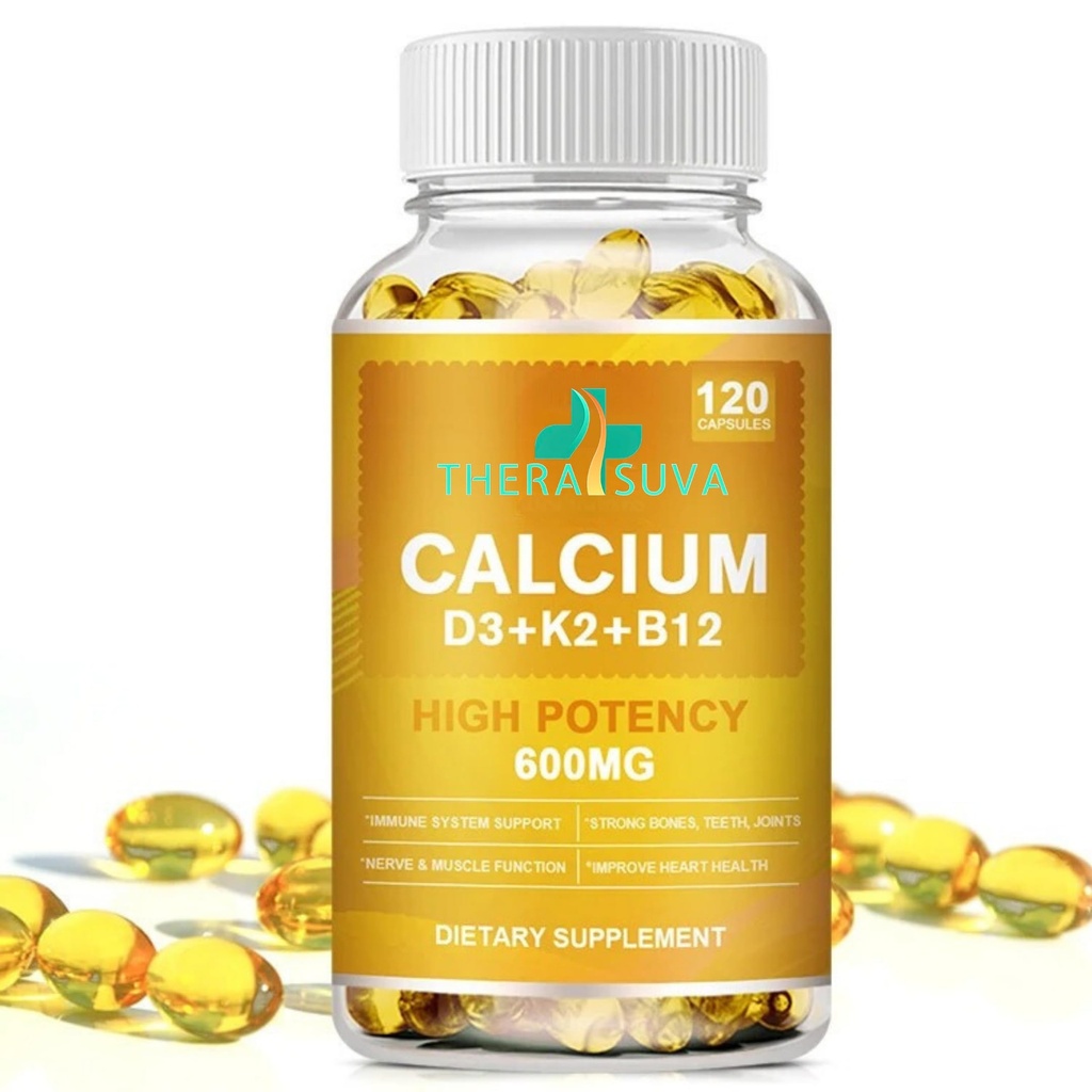 Extra Strength 4- in-1 Calcium 600mg + vitamin D3 5000iu + K2 + B12 Natural Supplement Complex for ben og immunforsvar, 120 Softgels, 60 Day Supply