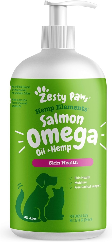 Zesess Paws Salmon Omega Oil Hamp til hunde og katte med Wild Alaska Salmon Oil Omega 3 og 6 Fedtsyrer med EPA DHA til kæledyr understøtter normal hud fugtdannelse og immunsystem funktion 32oz