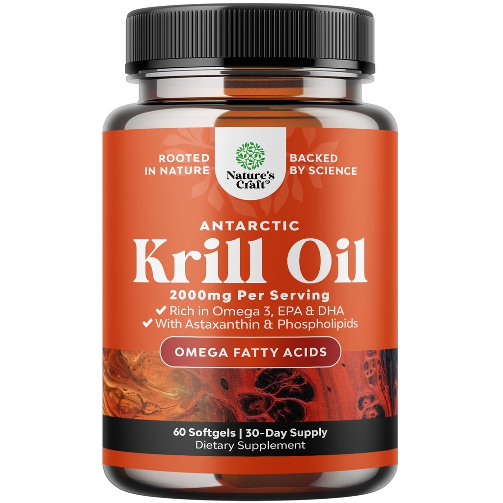 Antarktisk Krill Oil 2000mg Softgel Per Serving - Omega 3 Krill Oil Supplement med EPA DHA & Astaxanthin (60 Greve (pakke med 1)