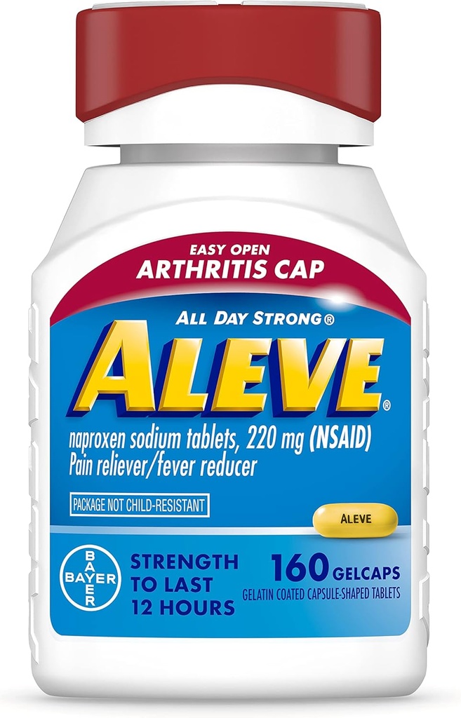 Aleve Gelcaps med Easy Open Gigt Cap, Naproxen Natrium, Medicin for Gigt Smerte, 160 Greve