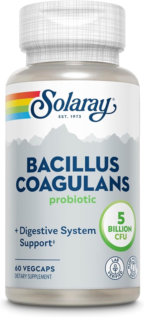 SOLARAY Bacillus Coagulans Probiotic - 5 Millioner levende mikroorganismer - Fordøjelse og Gut Health Support - Fuld Krop Sundhed Probiotika med Inulin Prebiotic Fiber, 60- dag garanti, 30 Serv, 60 VegCaps