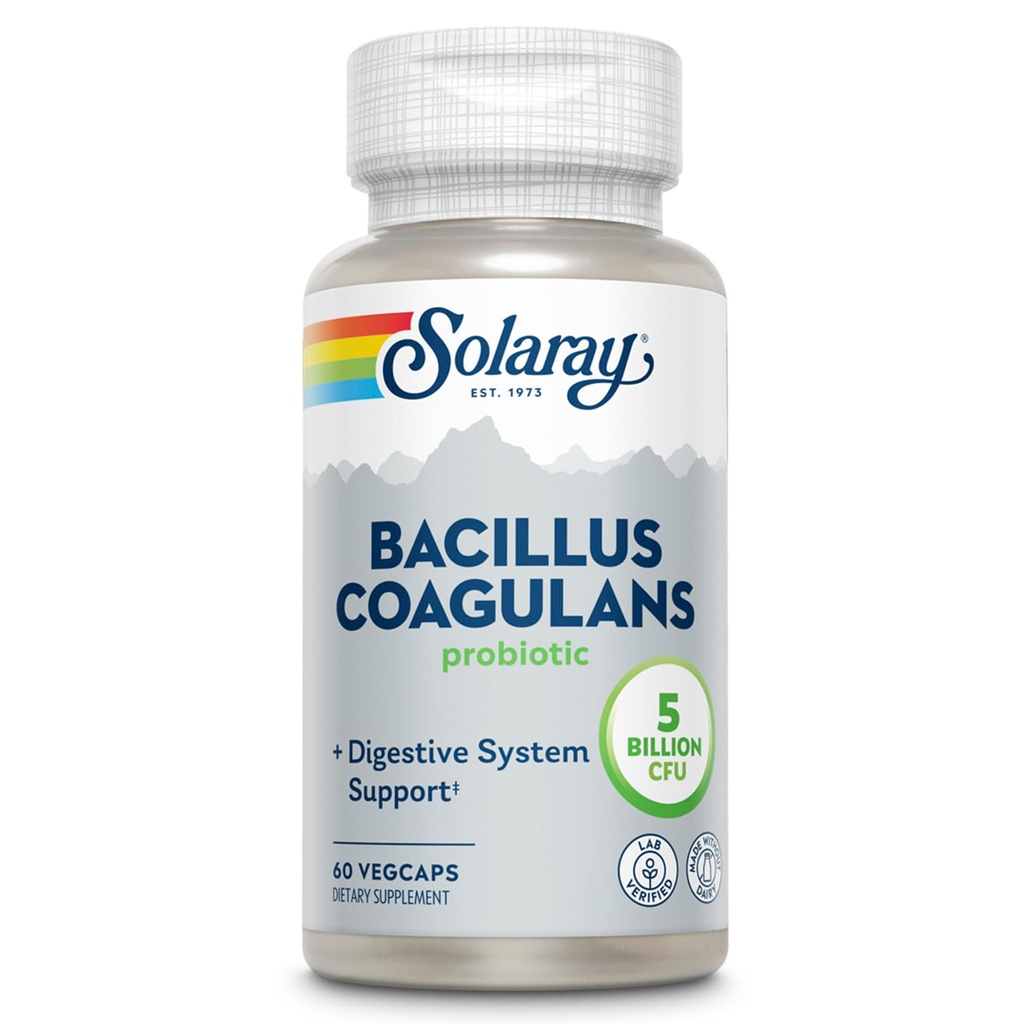 SOLARAY Bacillus Coagulans Probiotic - 5 Millioner levende mikroorganismer - Fordøjelse og Gut Health Support - Fuld Krop Sundhed Probiotika med Inulin Prebiotic Fiber, 60- dag garanti, 30 Serv, 60 VegCaps