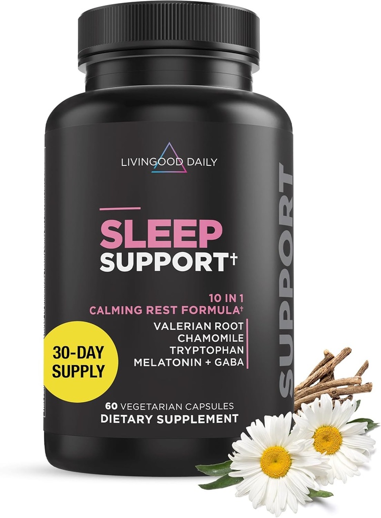 Livingood Daily Sleep Support, 10- in-1 Natural Sleep Aid med 5 MG Melatonin, Valerian Root, Kamille, Tryptophan & GABA for Mænd & Kvinder, Ikke Habit Danning, Gluten Free, Vegan, 60 Kapsler