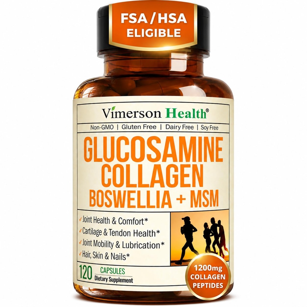 Glucosamin Chondroitin MSM med hydrolyseret collagen peptider - Fælles supporttillæg med Quercetin, Bromelain & Boswellia Extract - Collagen piller til hår hud negle - FSA Egnede 120 Caps