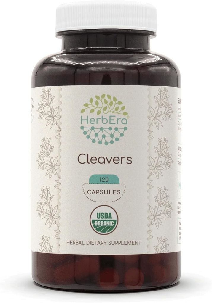 HerbEra Cleavers USDA Organic 120 Capsules ttesmå 124; Natural Herbal Support 124; Certified Organic Vegetary Capsules and Organic Cleavers (Galium aparine) Tørret urt (120 Capsules)
