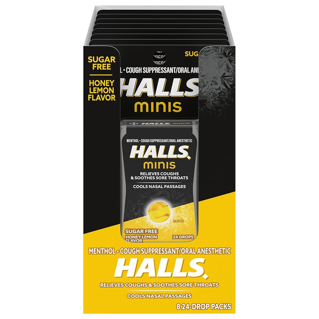HALLS Minis Honey Lemon Flavor Sugar Free Hough Drops, 8 pakker med 24 Drops (192 Drops i alt)