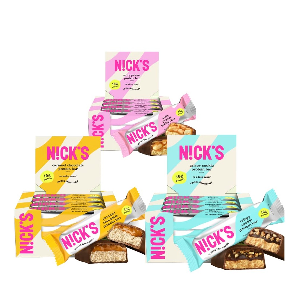 Nicks Sampler Pack Swedish Style Protein Bars, Keto Friendly Snack Bars, Ingen tilsat sukker, 5g Collagen, Lavcarb Protein Bar, Lavsukkermel erstatning Bar, Keto Snacks, 36-greve