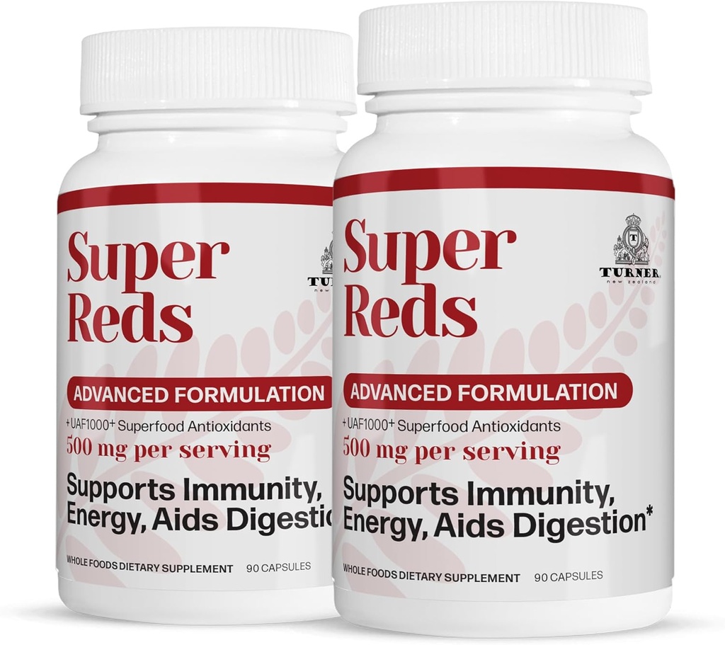 TURNER Super Red Kapsler med UAF1000 +, New Zealand Red Superfood Energy, Essential Veggies, Antioxidanter, Enzymes, Rense, 180 Kapsler, 2 flasker