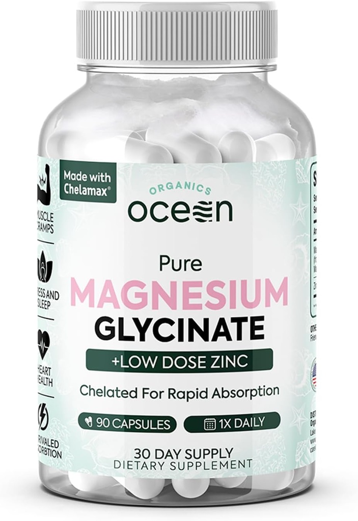Organiske Ocean Pure Magnesium Glycinat med zink - Maksimal styrke Chelated Magnesium supplement til kvinder og mænd for muskelkramper og søvn støtte - 90 Capsule