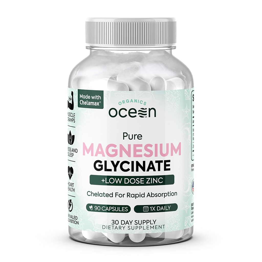 Organiske Ocean Pure Magnesium Glycinat med zink - Maksimal styrke Chelated Magnesium supplement til kvinder og mænd for muskelkramper og søvn støtte - 90 Capsule