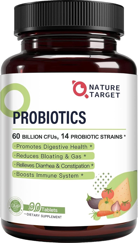 Probiotika til kvinder, mænd og børn, 60 milliarder Probiotika til fordøjelsessygdomme -14 Probiotika, Prebiotika og Probiotika til Gut Health & Immunsupport, Gluten Free, Non- GMO, 90 tabletter