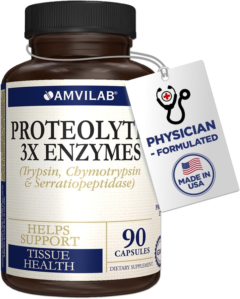 Proteolytiske enzymer 3X - Trypsin, Chymotrypsin & Serrapeptidase - Reducerer Edema & Irritation fra vævsskade - Understøtter Body Wellness & Recovery - Kosttilskud - 90 kapsler