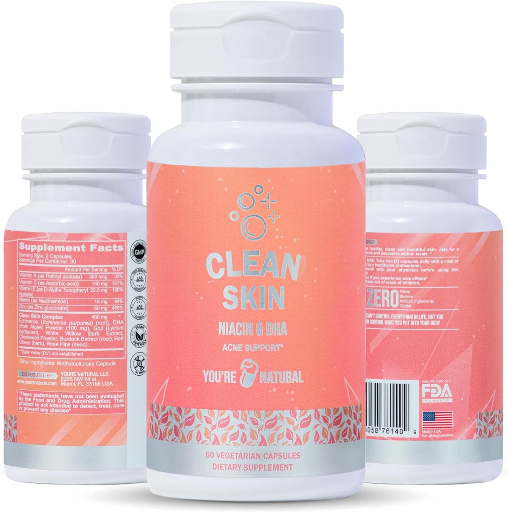 YOU 'RE NATURAL Clean Skin Supplementary 124; Acne Support 124; Skin Support Vitamin til kvinder, Mænd & Teens, Vitamin A, Zink, DHA, Vitamin B3, Vitamin C, Vitamin E - Gluten Free - Made in USA - 60 Kapsler