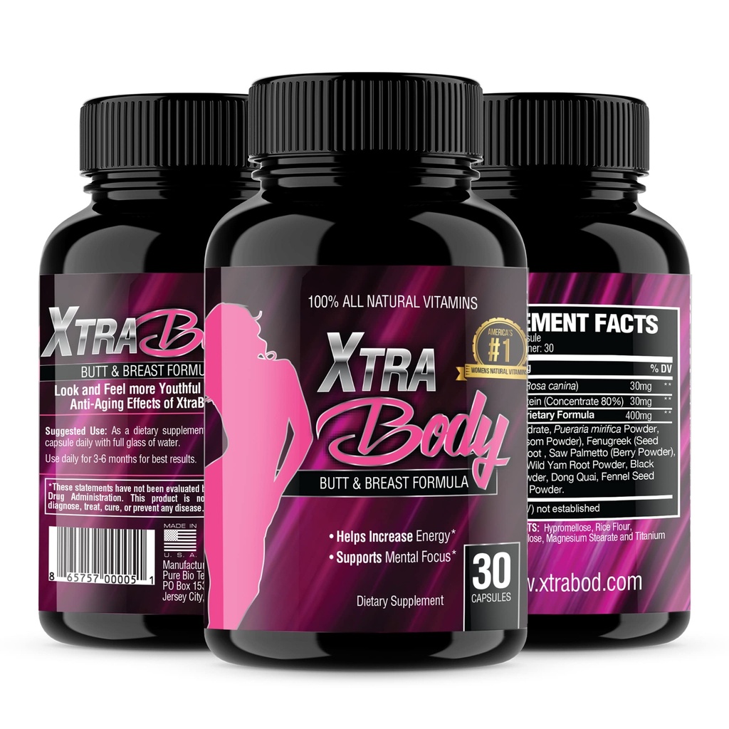 XtraBody Butt Enhancement and Breast Extension Supplement - Østrogen Enhancer - Øger Butt & Bryststørrelse, Reducerer menstruationssymptomer & giver en ekstra boost af energi (1 flaske = 30 kapsler)