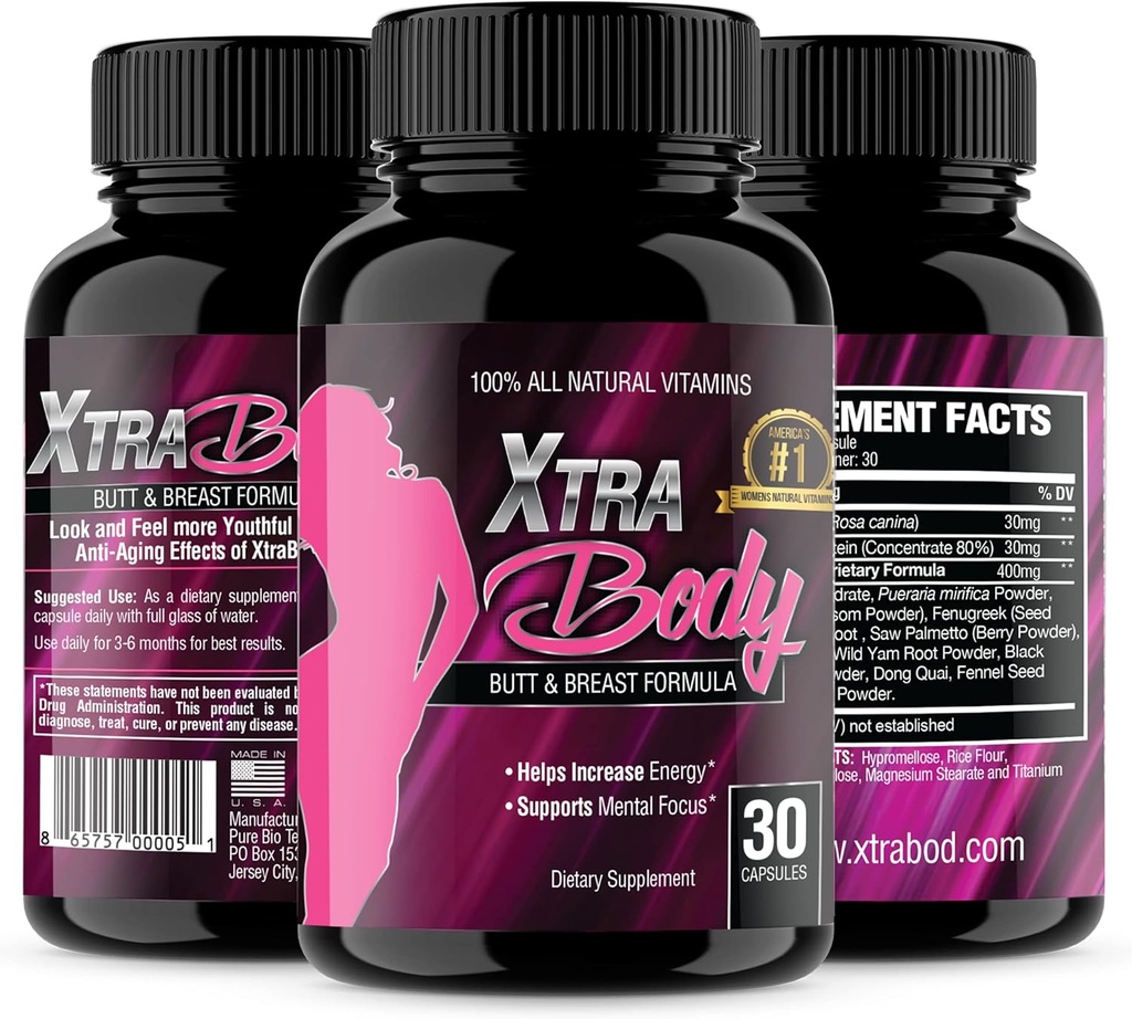 XtraBody Butt Enhancement and Breast Extension Supplement - Østrogen Enhancer - Øger Butt & Bryststørrelse, Reducerer menstruationssymptomer & giver en ekstra boost af energi (1 flaske = 30 kapsler)