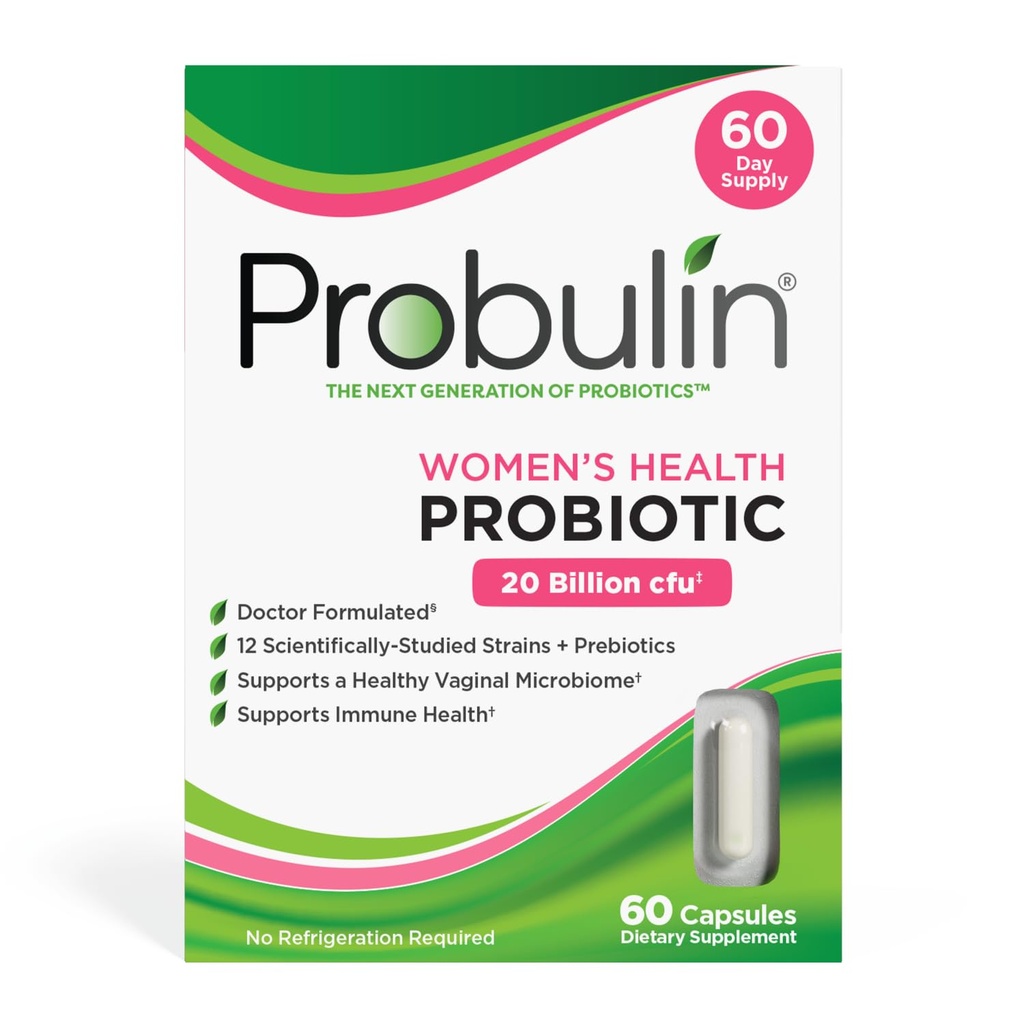 Probulin Kvinder Sundhed Probiotika + Prebiotic for Vaginal, Gut & immunforsvar - 20 Millioner CFU - 12 Probiotiske Strops, 60 Veganske Kapsler