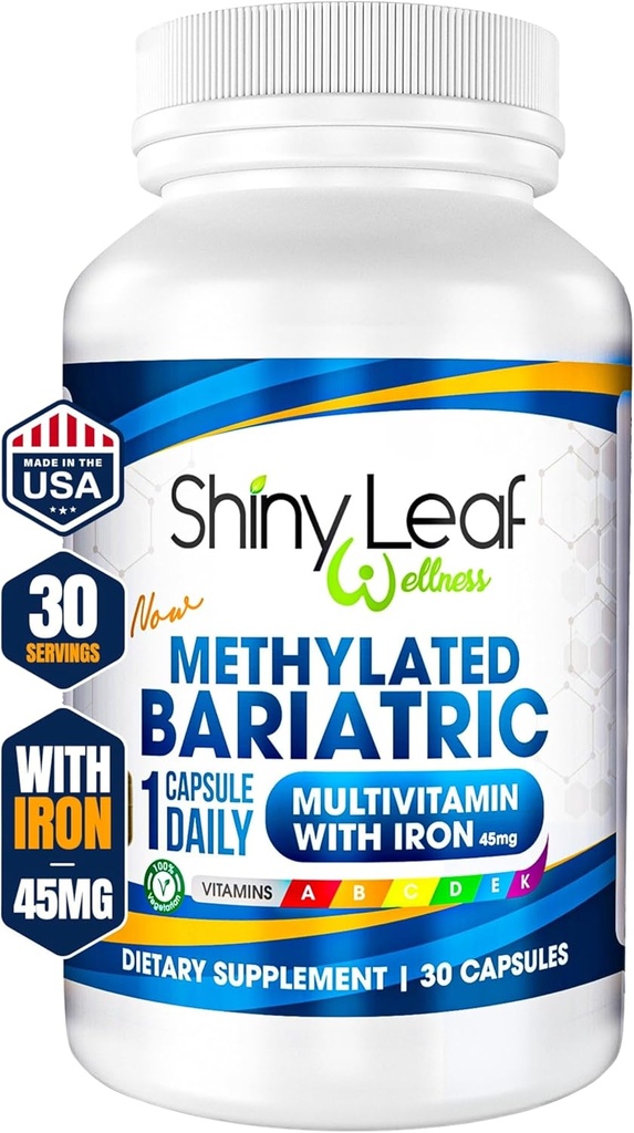 Shiny Leaf Methylated Bariatric Multivitamin with Iron 45mg – Once Daily Capsule, ASMBS Compliant Bariatric Vitamins for Gastric Bypass & Gastric Sleeve, for Men & Women, USA Made, GMP – 30 Caps