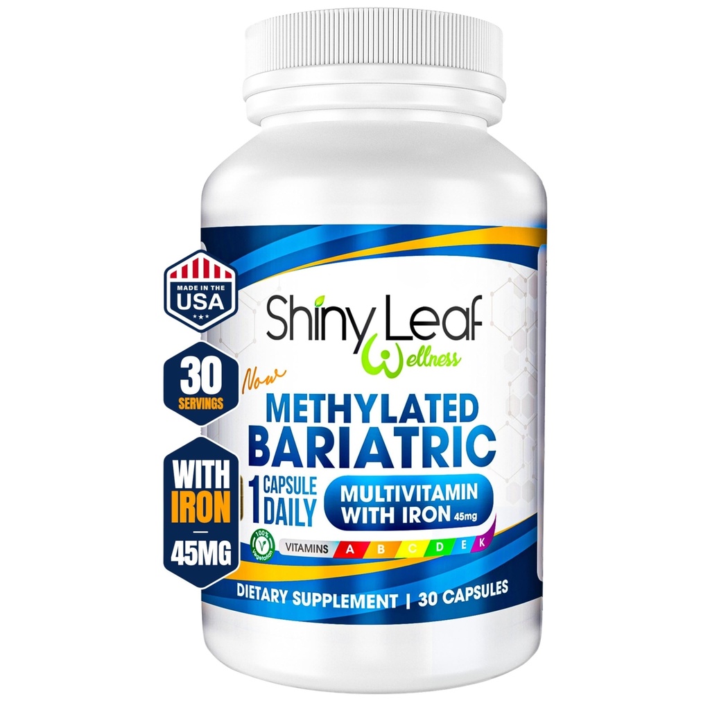 Shiny Leaf Metyleret Bariatric Multivitamin med jern 45mg - Når daglig kapsel, ASMBS Compliant Bariatric Vitaminer for Gastric Bypass & Gastric Sleeve, for Mænd & Kvinder, USA Made, GMP - 30 Caps