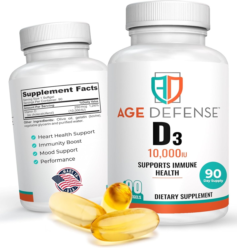 D3 10000 IE - 90 D- vitamin D 10000 IE Softgels for Heart Health, Immunsupport, Mental Clarity & Muscle Function Support - højdosis D3 tabletter til mænd og kvinder - 250 µg