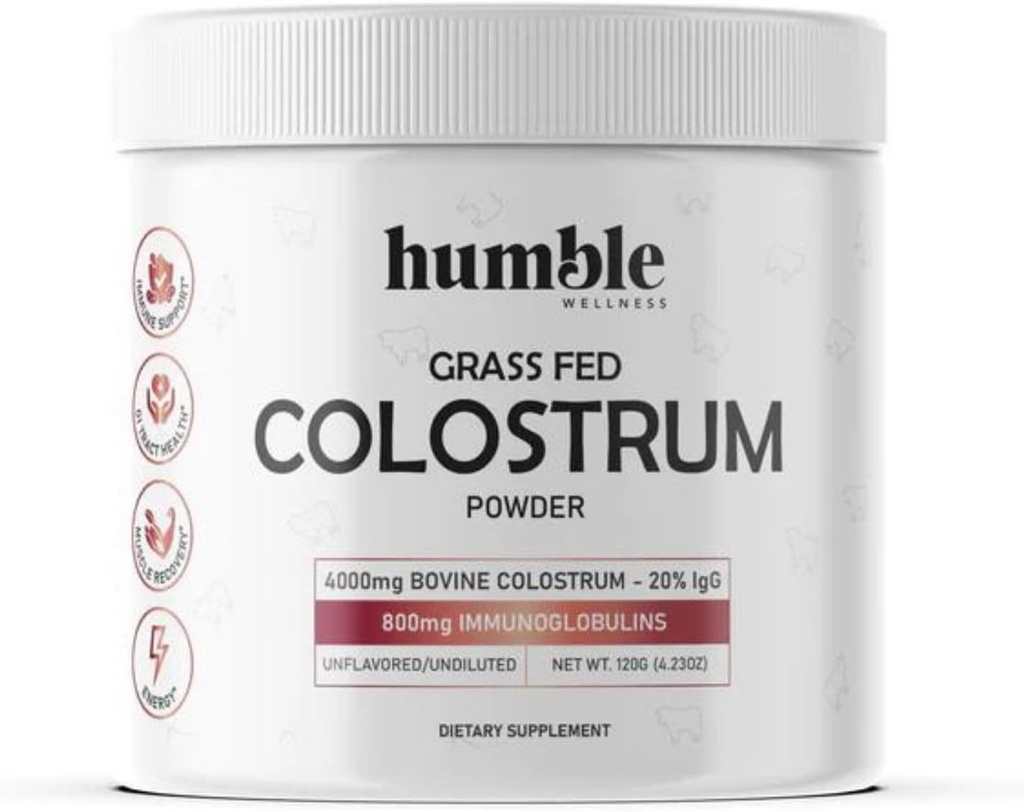 Humble Grass Fed Colostrum Powder - Græs Fed - Høj IgG Indhold - 4000mg Bovine Colostrum - 20% IgG - Gut Sundhed - Hårvækst, Beauth og Immunitet - 30 Serveringer