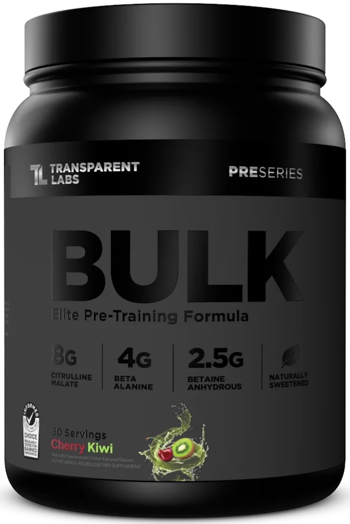 Transparent Labs Bulk Black Pre Workout - Klinisk doseret, Sukker gratis Preworkout for mænd og kvinder med Beta Alanine Powder, Citrullin Malat, & Koffein - 30 Servere, Cherry Kiwi