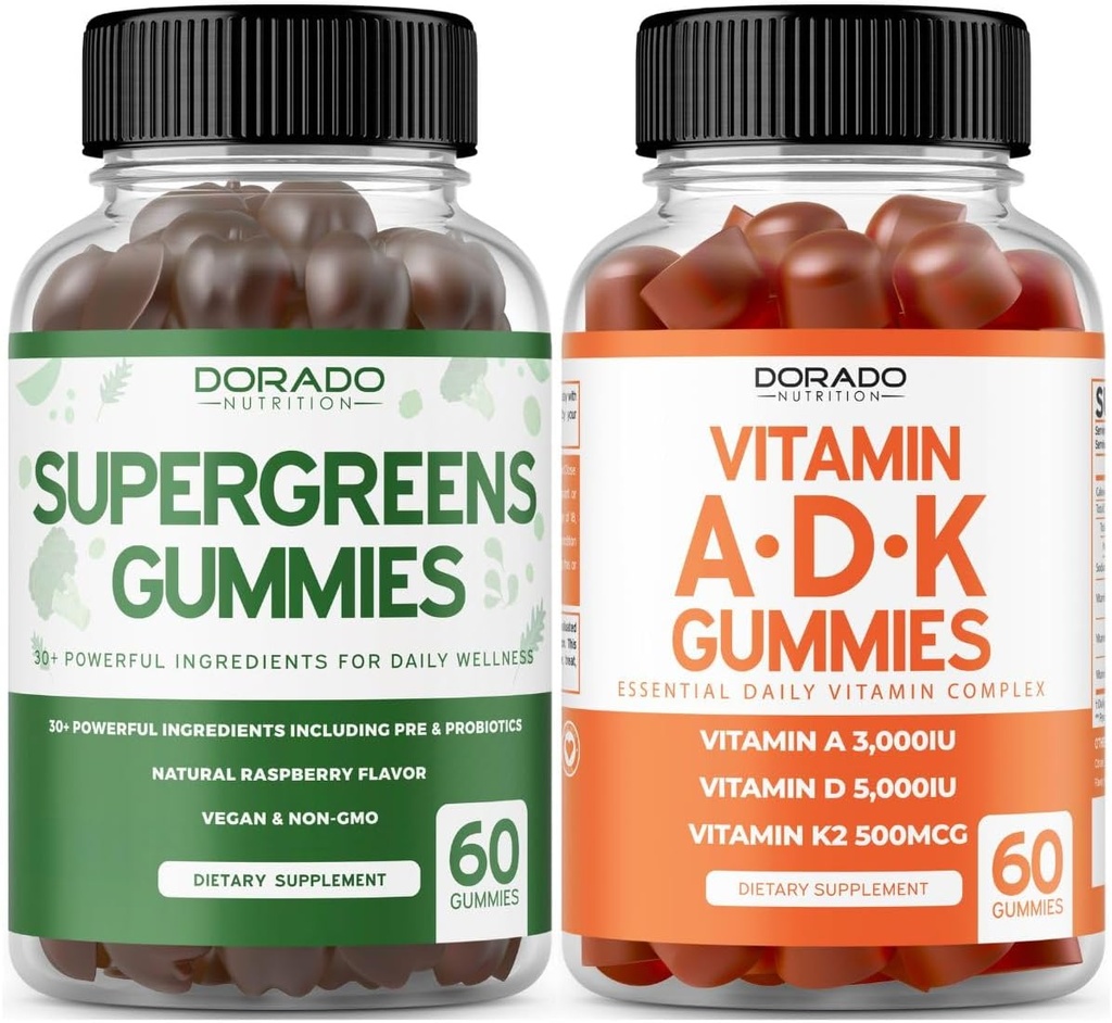 Supergreens Gummies (60 Gummies) Grønne Kosttilskud med 8 Ingredient Power Blend - Superfood for Immunity Support til voksne og ADK (60 Count) med D & K - 10 Vegan Supplement - Ikke GMO & USA Made