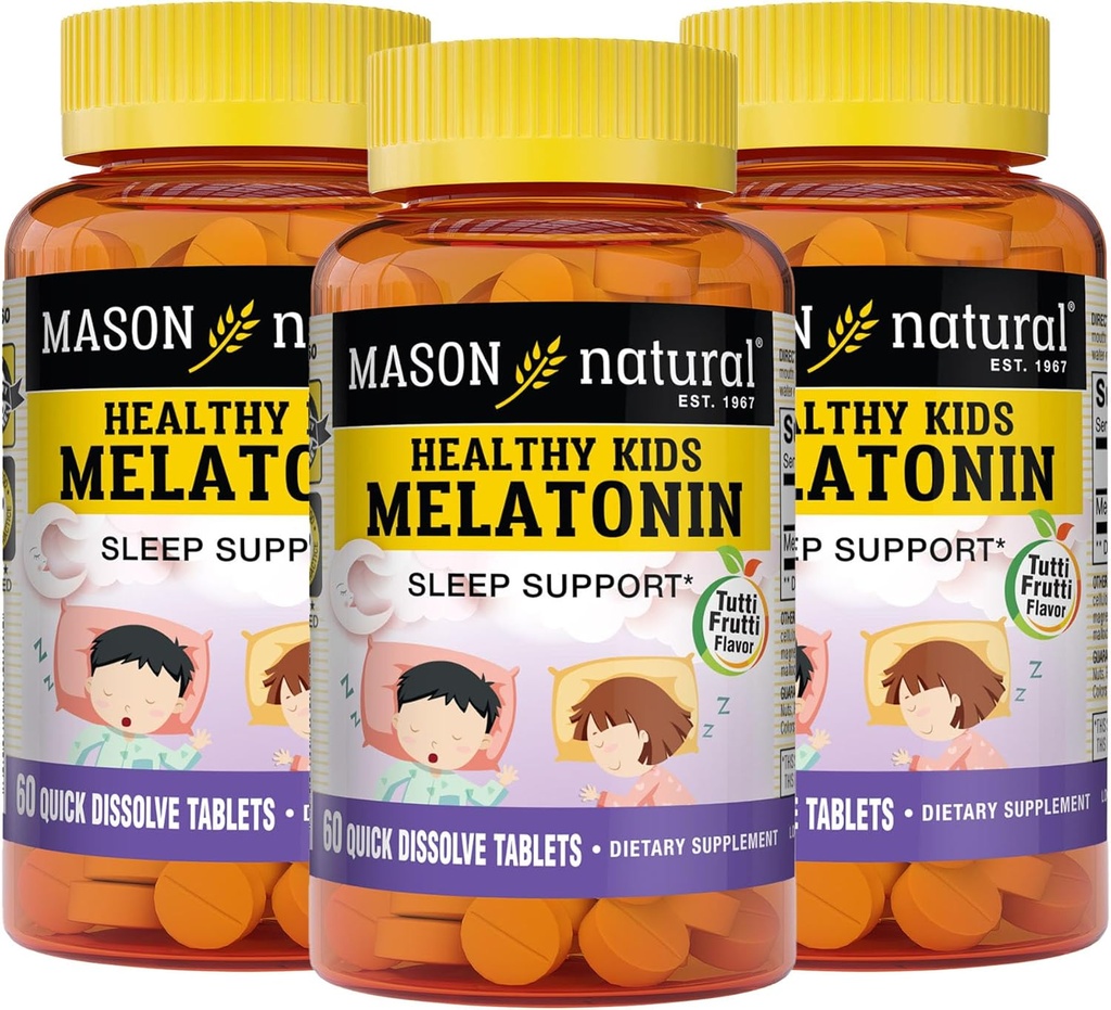 MASON NATURAL Sunde børn Melatonin, for børn, Understøtter en sund søvn, hurtig fungerende, frugt smag, 60 Quick Opløs tabletter (pakke med 3)