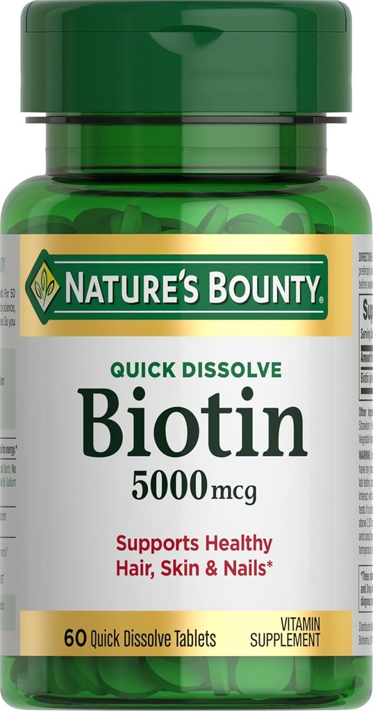 Naturens Bounty Biotin, understøtter Metabolisme for cellulær energi og sundt hår, hud og negle, 5000 mcg, 60 Quick Opløs tabletter