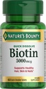 Naturens Bounty Biotin, understøtter Metabolisme for cellulær energi og sundt hår, hud og negle, 5000 mcg, 60 Quick Opløs tabletter