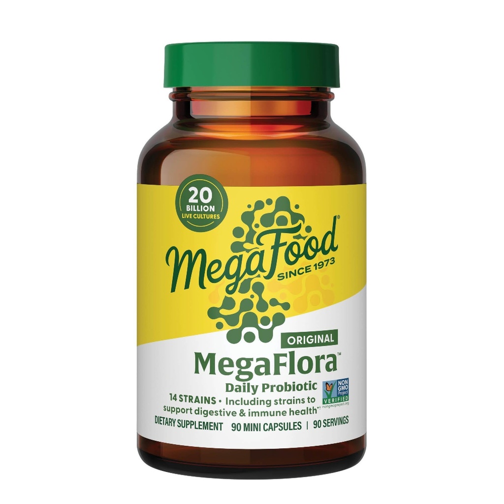 MegaFood MegaFlora Probiotic - Probiotika til kvinder fordøjelsessygdomme - immunstøtte supplement - 20 Millioner CFU - 14 Strops - Non- GMO - Vegetar - 90 Mini kapsler (90 Servering)