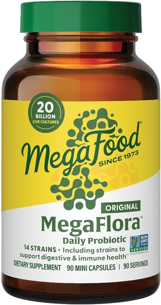 MegaFood MegaFlora Probiotic - Probiotika til kvinder fordøjelsessygdomme - immunstøtte supplement - 20 Millioner CFU - 14 Strops - Non- GMO - Vegetar - 90 Mini kapsler (90 Servering)