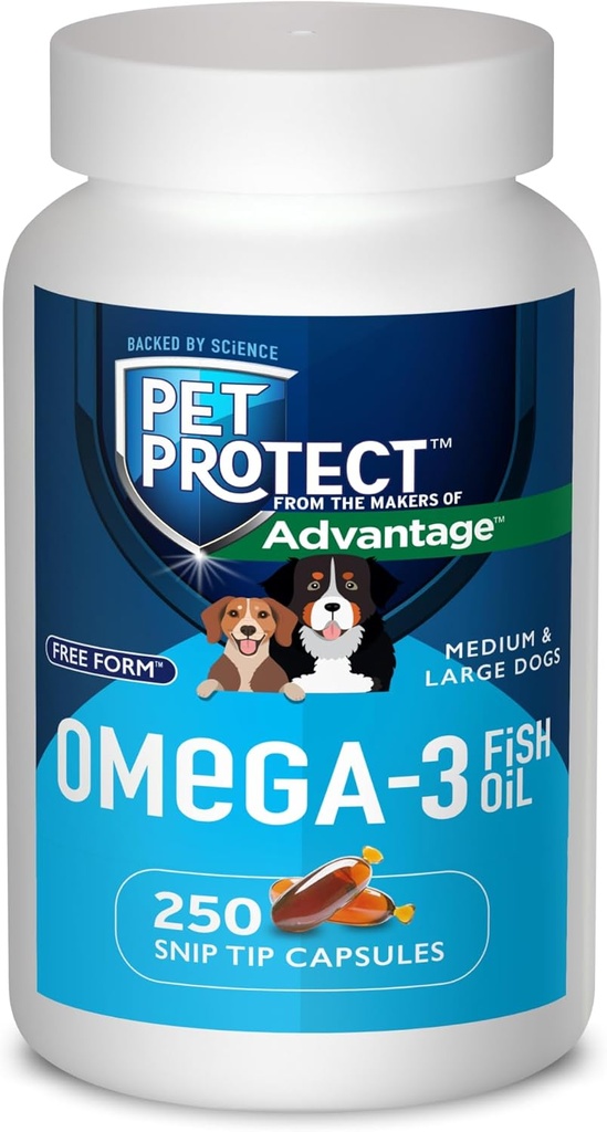 Pet Protect M / L hund Omega-3 tillæg, Proprietary Free Form Blend, Understøtter en normal inflammatorisk reaktion, Snit- Tip kapsler (250 Tæl)