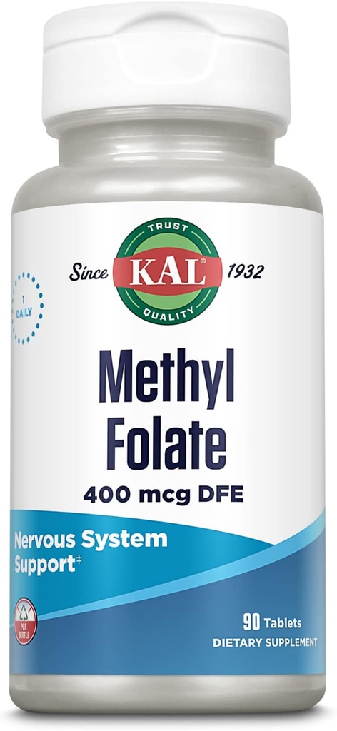 KAL Methyl Folate 400 mcg DFE, 5-MTHF Active Form Vitamin B9, Folic Acid Supplement, Heart Health, Prenatal, Mood and Brain Support, Fast Dissolving ActivTab, 60-Day Guarantee, 90 Servings, 90 Tablets