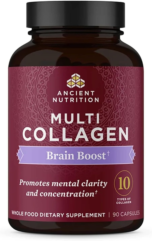Ancient Nutrition Collagen Protein Brain Boost, Collagen Protein Capsules Brain Supplement for reduceret fælles ubehag, sund hud og negle, 90 læ