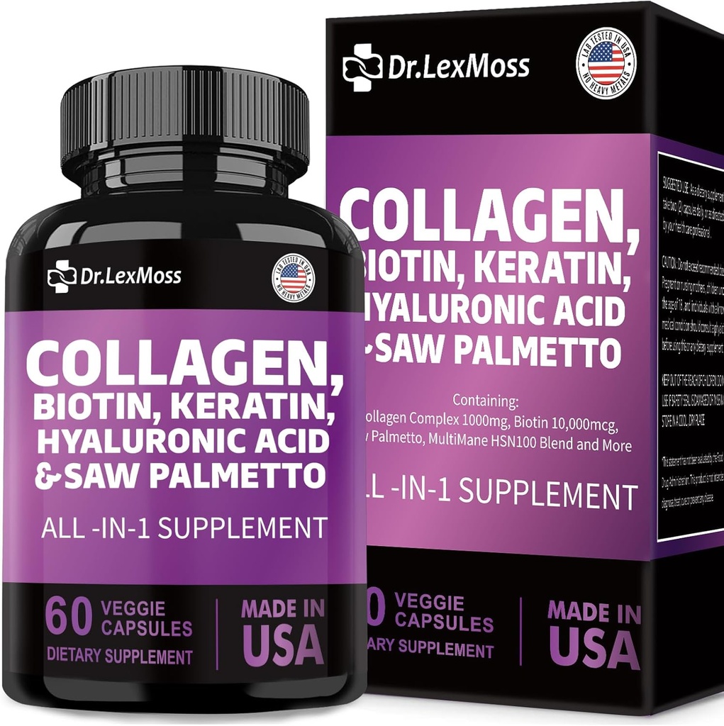 Collagen piller Biotin Keratin Saw Palmetto Hyaluronsyre, Vitamin og DHT, Vitamin E folinsyre Pumpkin frø MSM til mænd og kvinder hår hud og negle, 60 kapsler